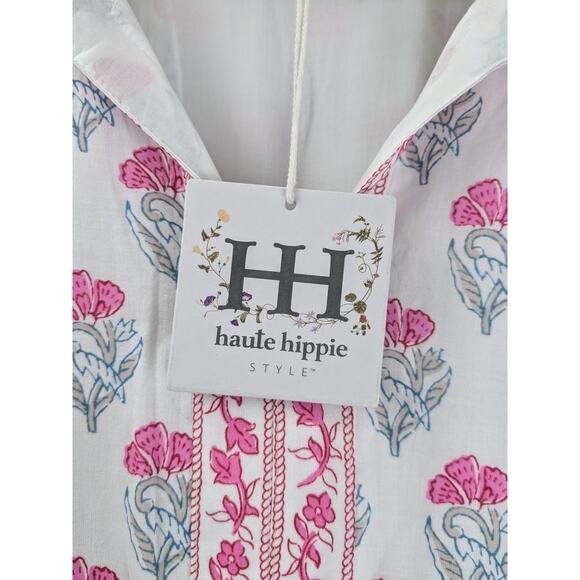NWT HAUTE HIPPIE White & Pink Boho Floral Long Sleeve Dress Size Small - Picture 5 of 9